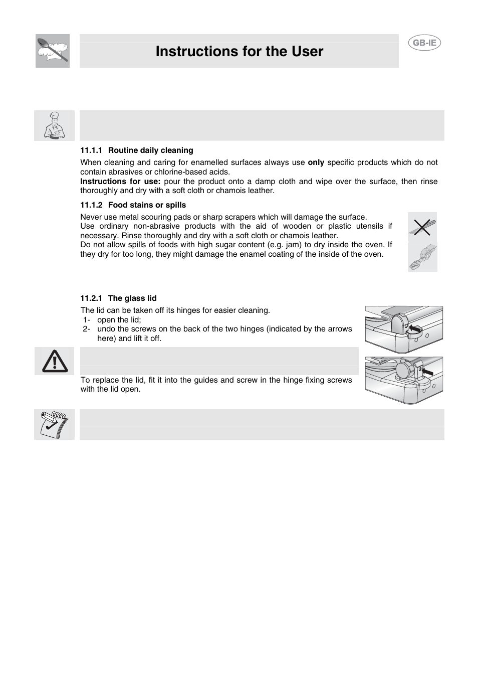 Cleaning and maintenance, 1 cleaning enamel, 1 routine daily cleaning | 2 food stains or spills, 2 cleaning the hob components, 1 the glass lid, Instructions for the user | Smeg CB61VES User Manual | Page 27 / 29