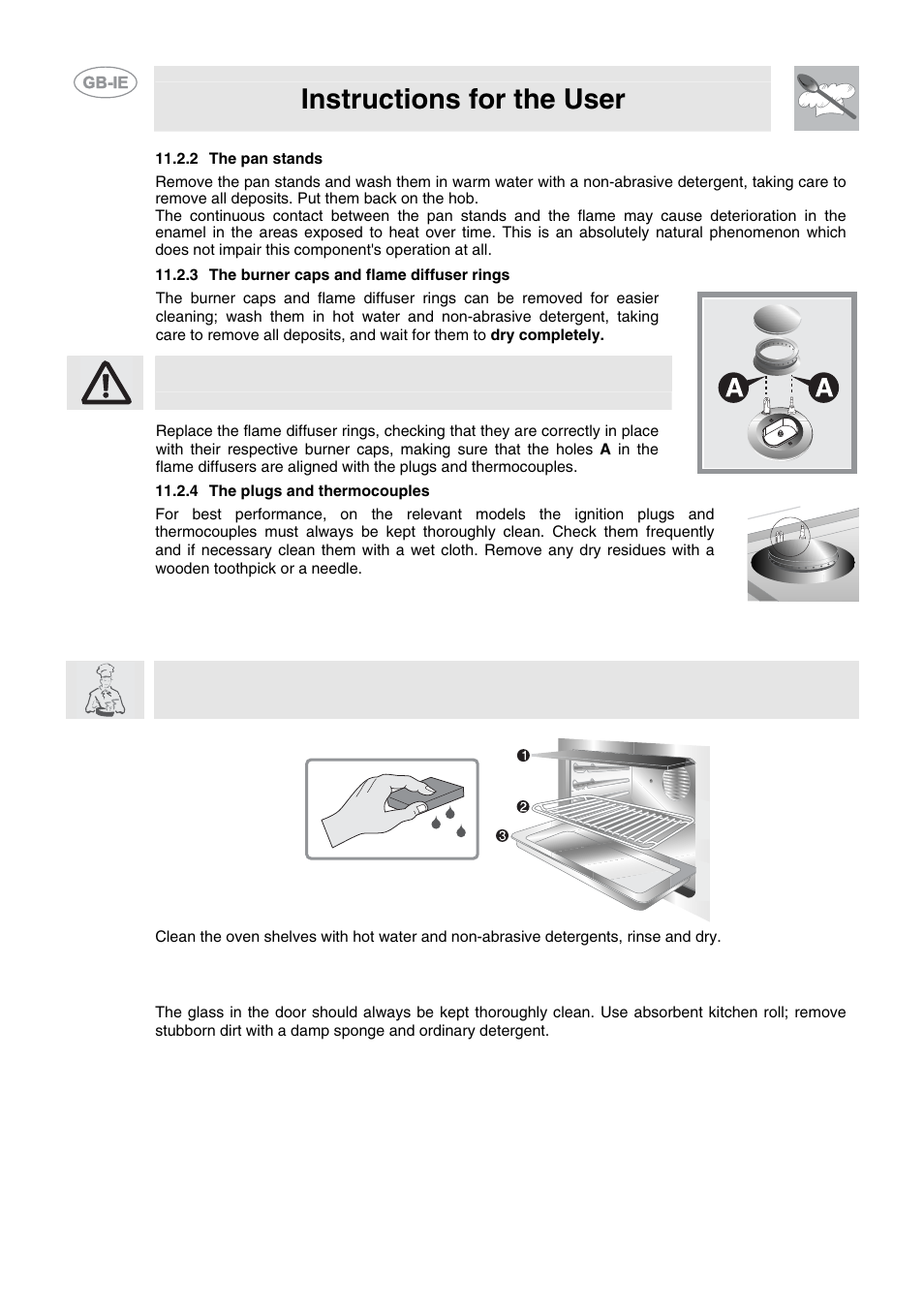 2 the pan stands, 3 the burner caps and flame diffuser rings, 4 the plugs and thermocouples | 3 cleaning the oven, 4 door glazing, Instructions for the user | Smeg CB61VES User Manual | Page 28 / 29