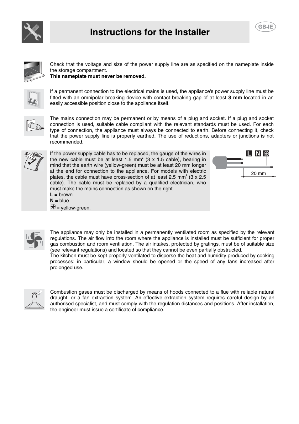 1 electrical connection, 2 room ventilation, 3 combustion gas discharge | Instructions for the installer | Smeg CB61VES User Manual | Page 5 / 29