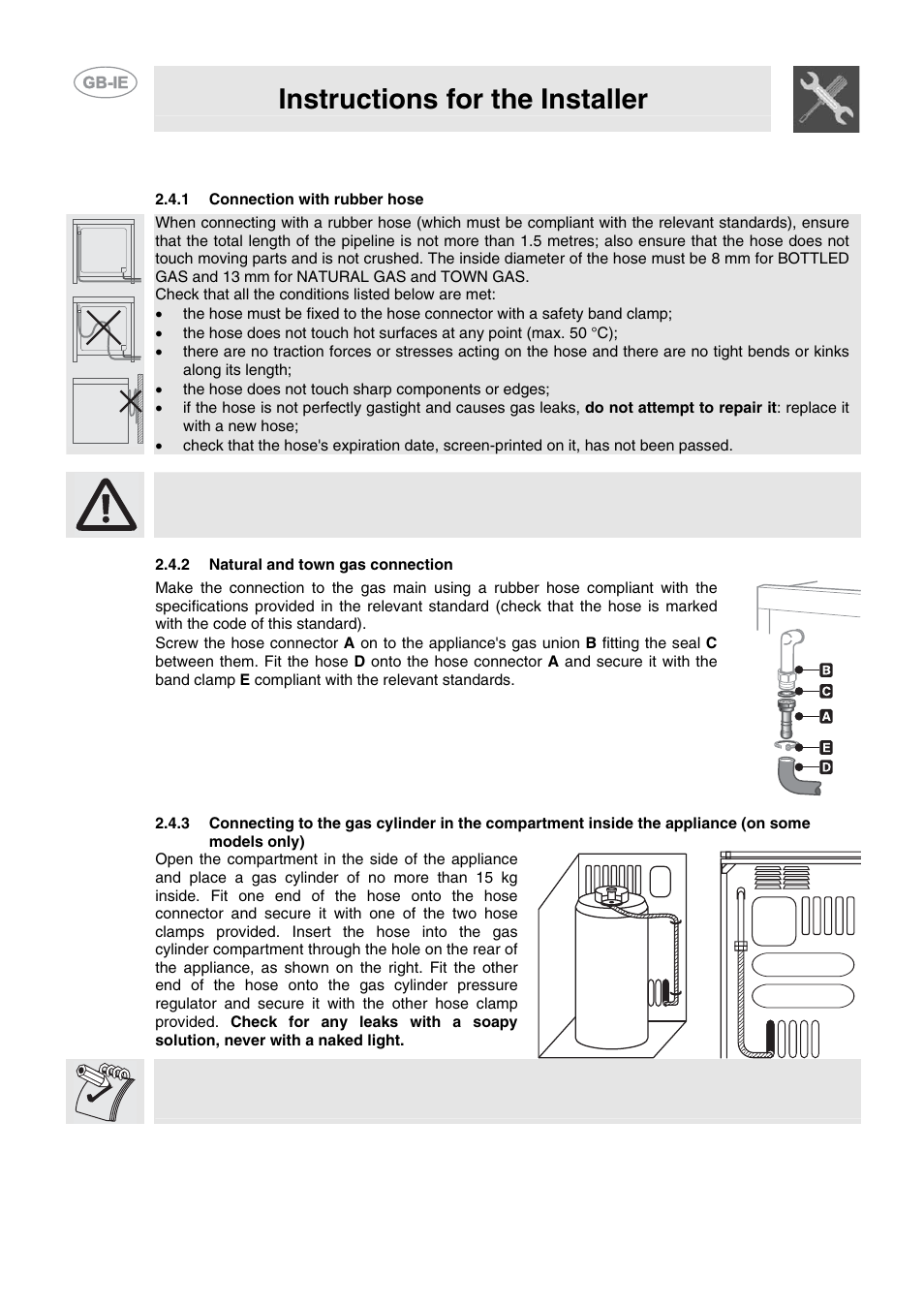 4 gas connection, 1 connection with rubber hose, 2 natural and town gas connection | Instructions for the installer | Smeg CB61VES User Manual | Page 6 / 29
