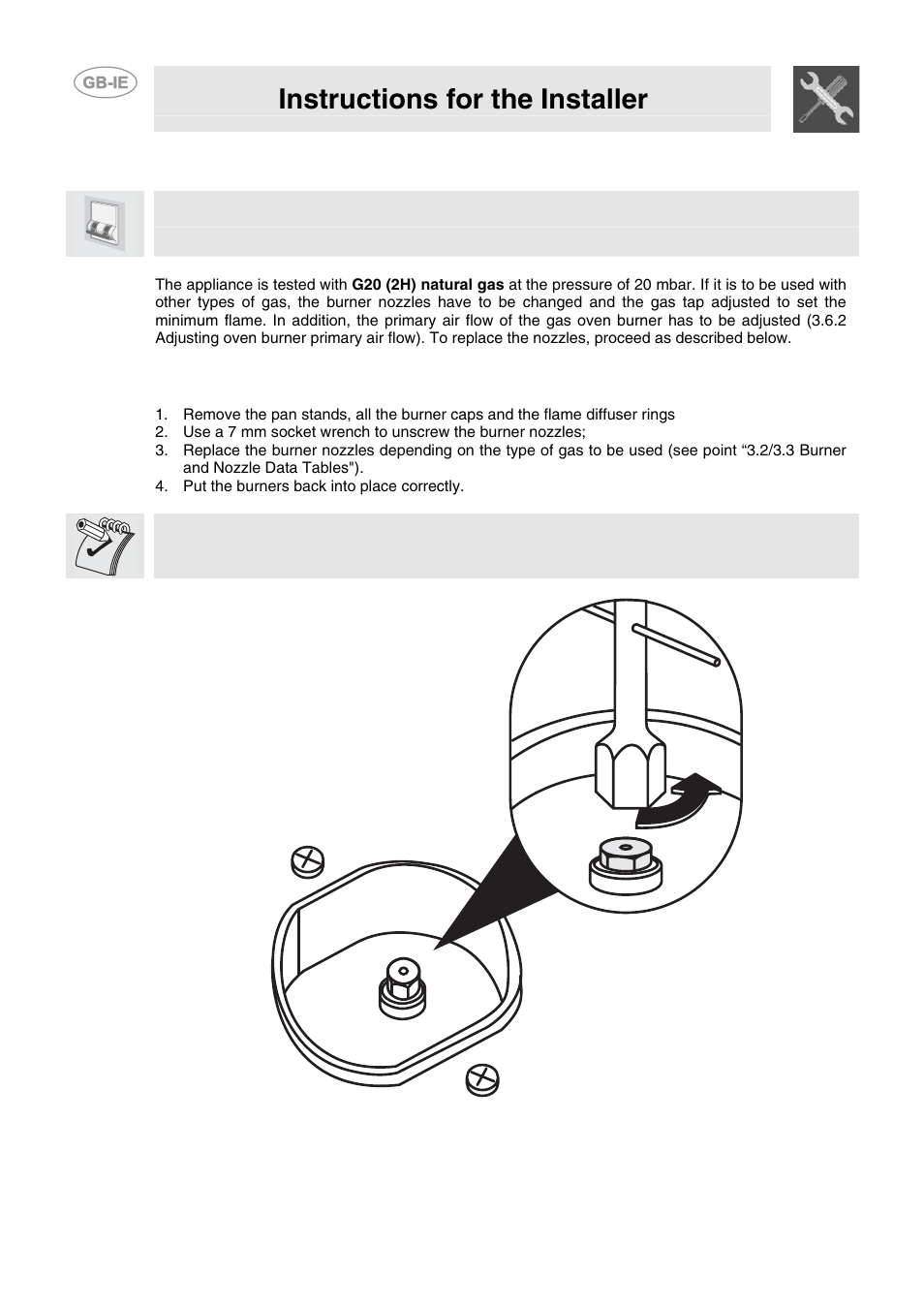 Adapting to different types of gas, 1 changing the hob nozzles, Instructions for the installer | Smeg CB61VES User Manual | Page 8 / 29