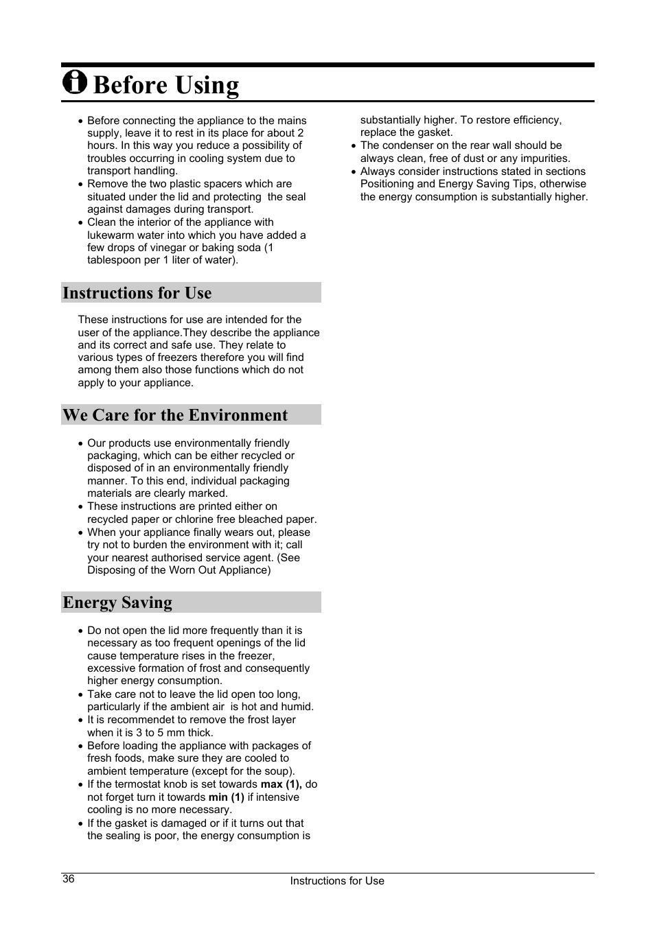Before using, Instructions for use, We care for the environment | Energy saving | Smeg Chest-type User Manual | Page 2 / 10