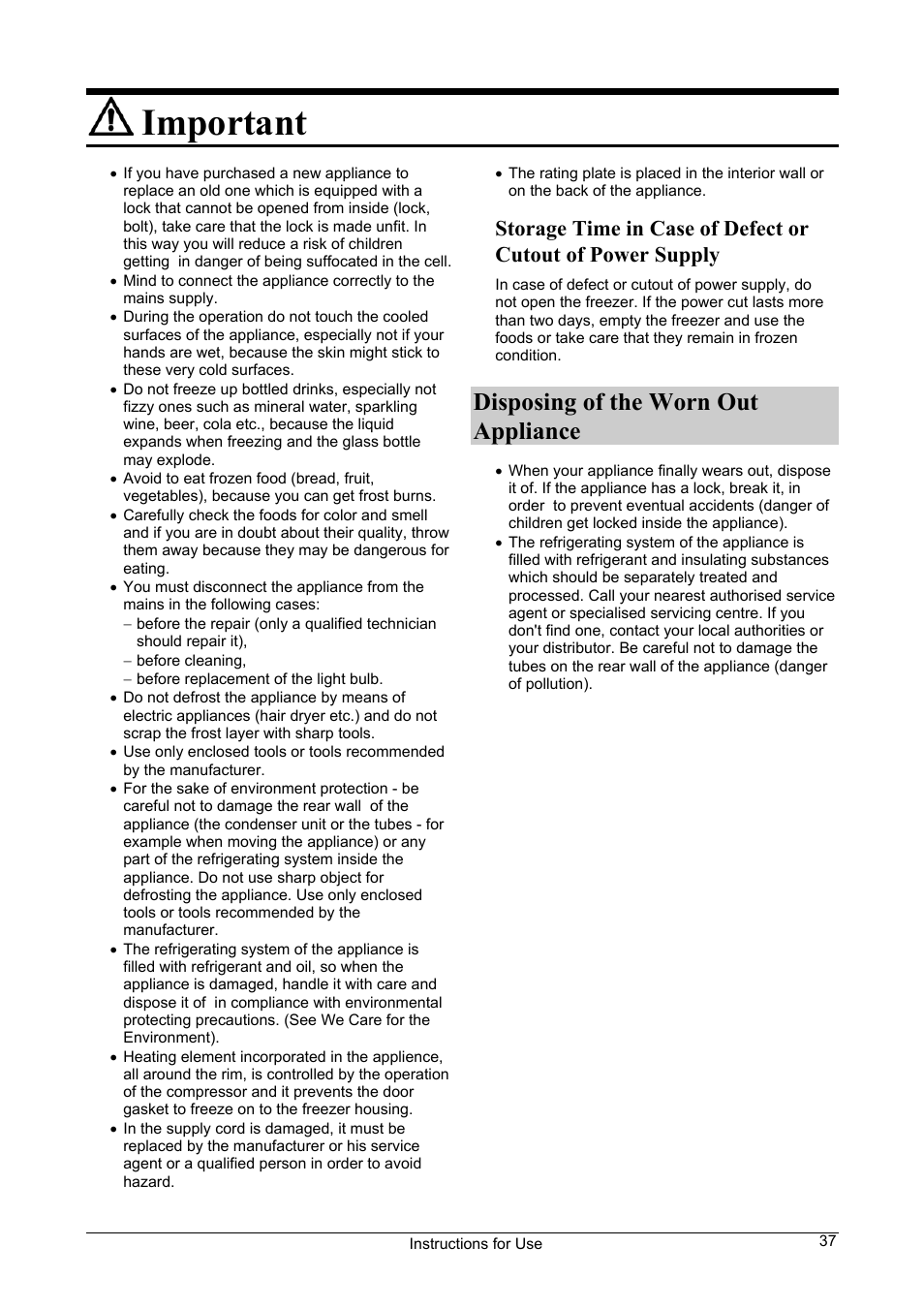 Important, Disposing of the worn out appliance | Smeg Chest-type User Manual | Page 3 / 10