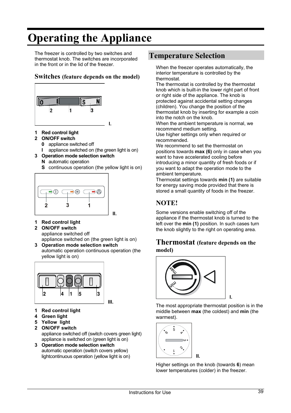 Operating the appliance, Temperature selection, Thermostat | Switches | Smeg Chest-type User Manual | Page 5 / 10