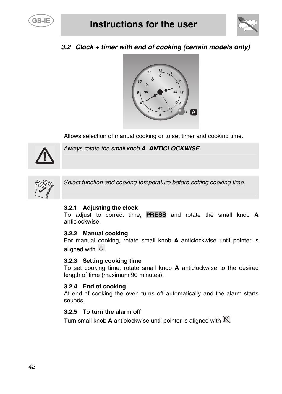 1 adjusting the clock, 2 manual cooking, 3 setting cooking time | 4 end of cooking, 5 to turn the alarm off, Instructions for the user | Smeg S399XPZ6 User Manual | Page 10 / 30