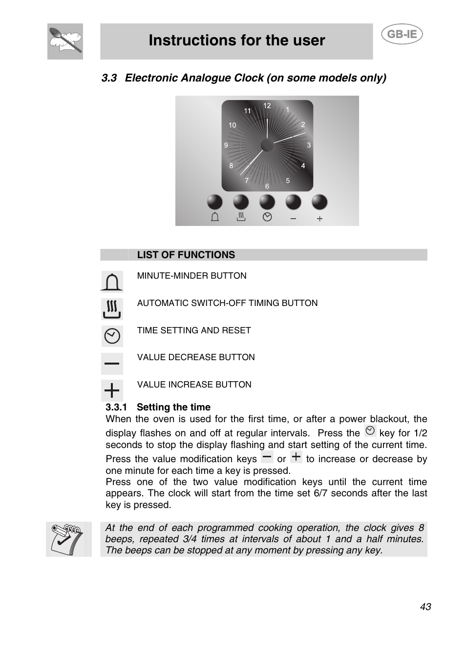 3 electronic analogue clock (on some models only), 1 setting the time, Instructions for the user | Smeg S399XPZ6 User Manual | Page 11 / 30