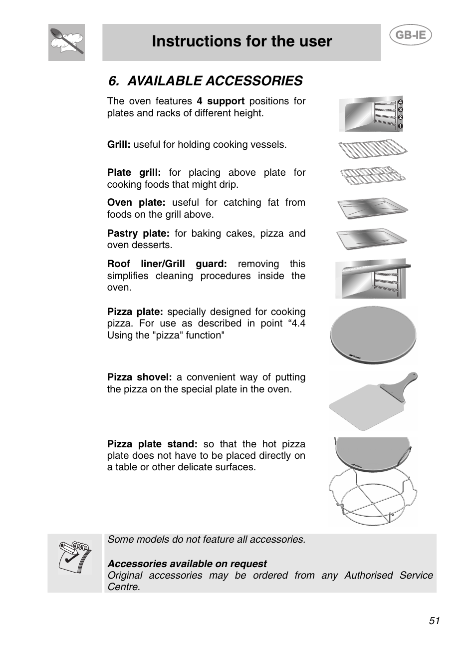 Available accessories, Instructions for the user | Smeg S399XPZ6 User Manual | Page 19 / 30