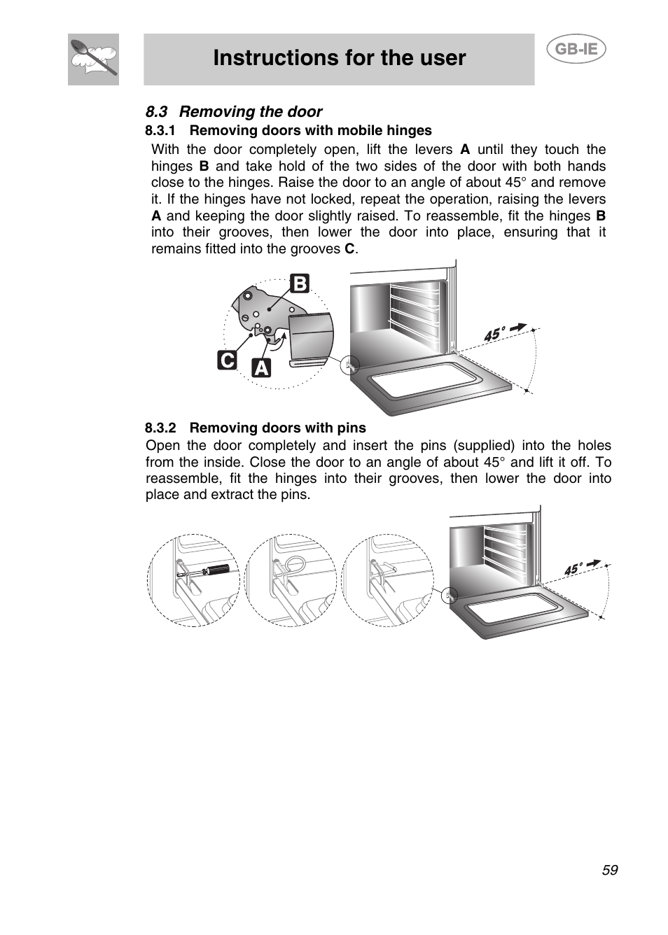 Removing the door, 1 removing doors with mobile hinges, 2 removing doors with pins | Instructions for the user | Smeg S399XPZ6 User Manual | Page 27 / 30