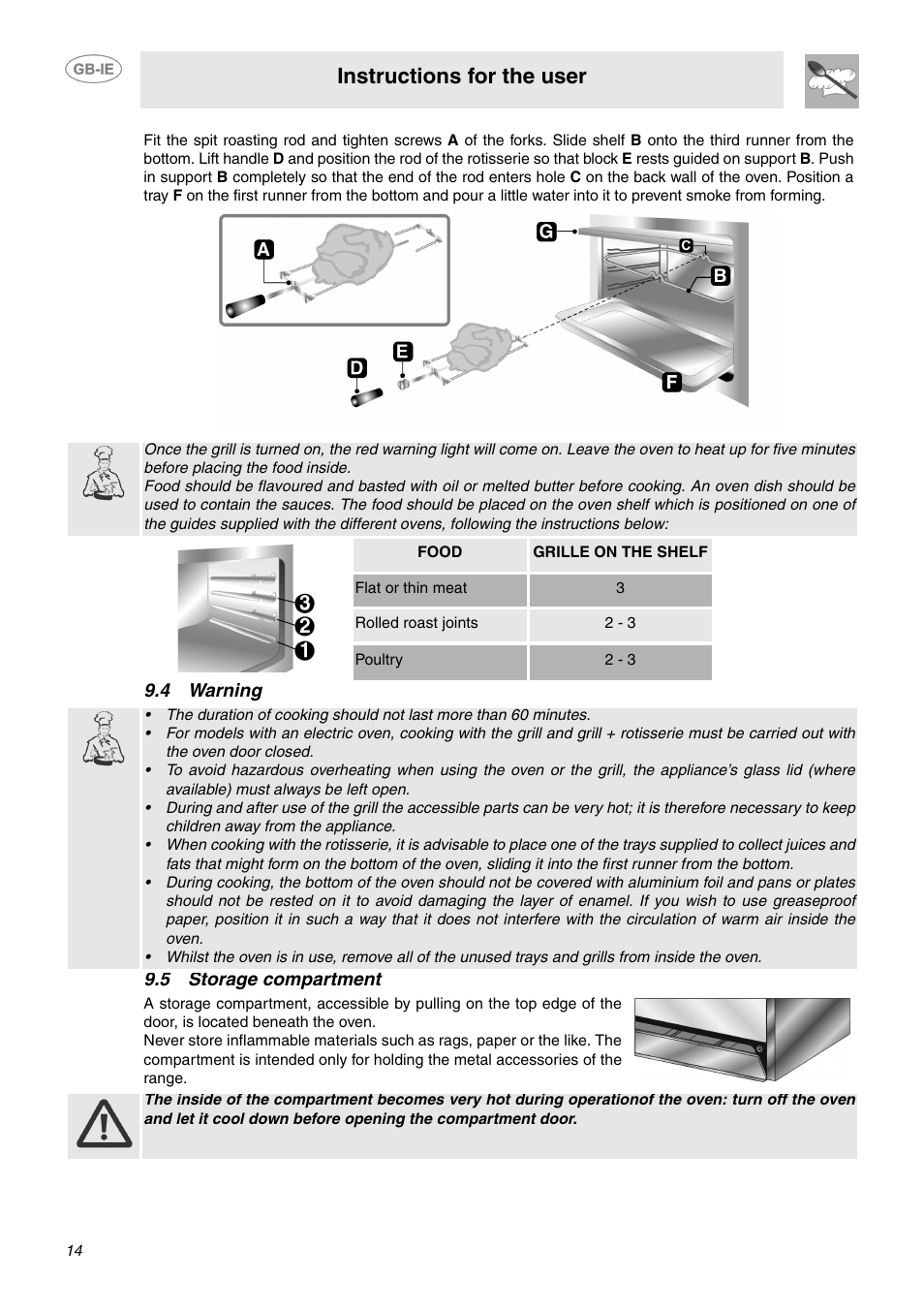 4 warning, 5 storage compartment, 4 warning 9.5 storage compartment | Instructions for the user | Smeg SUK61IPX5 User Manual | Page 12 / 24