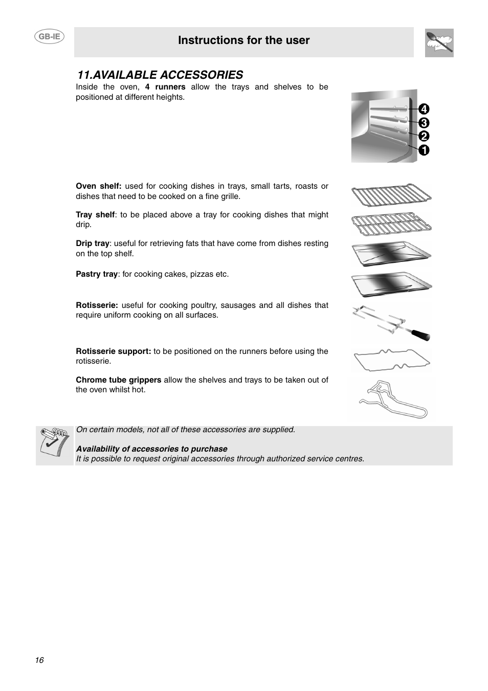 Available accessories, Instructions for the user | Smeg SUK61IPX5 User Manual | Page 14 / 24