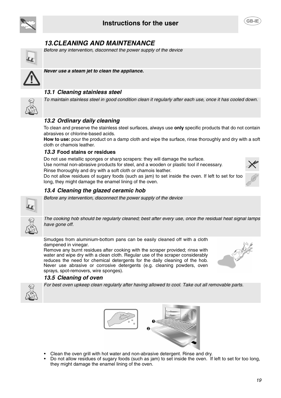 Cleaning and maintenance, 1 cleaning stainless steel, 2 ordinary daily cleaning | 3 food stains or residues, 4 cleaning the glazed ceramic hob, 5 cleaning of oven, N "13. cleaning and maintenance, Instructions for the user | Smeg SUK61IPX5 User Manual | Page 17 / 24