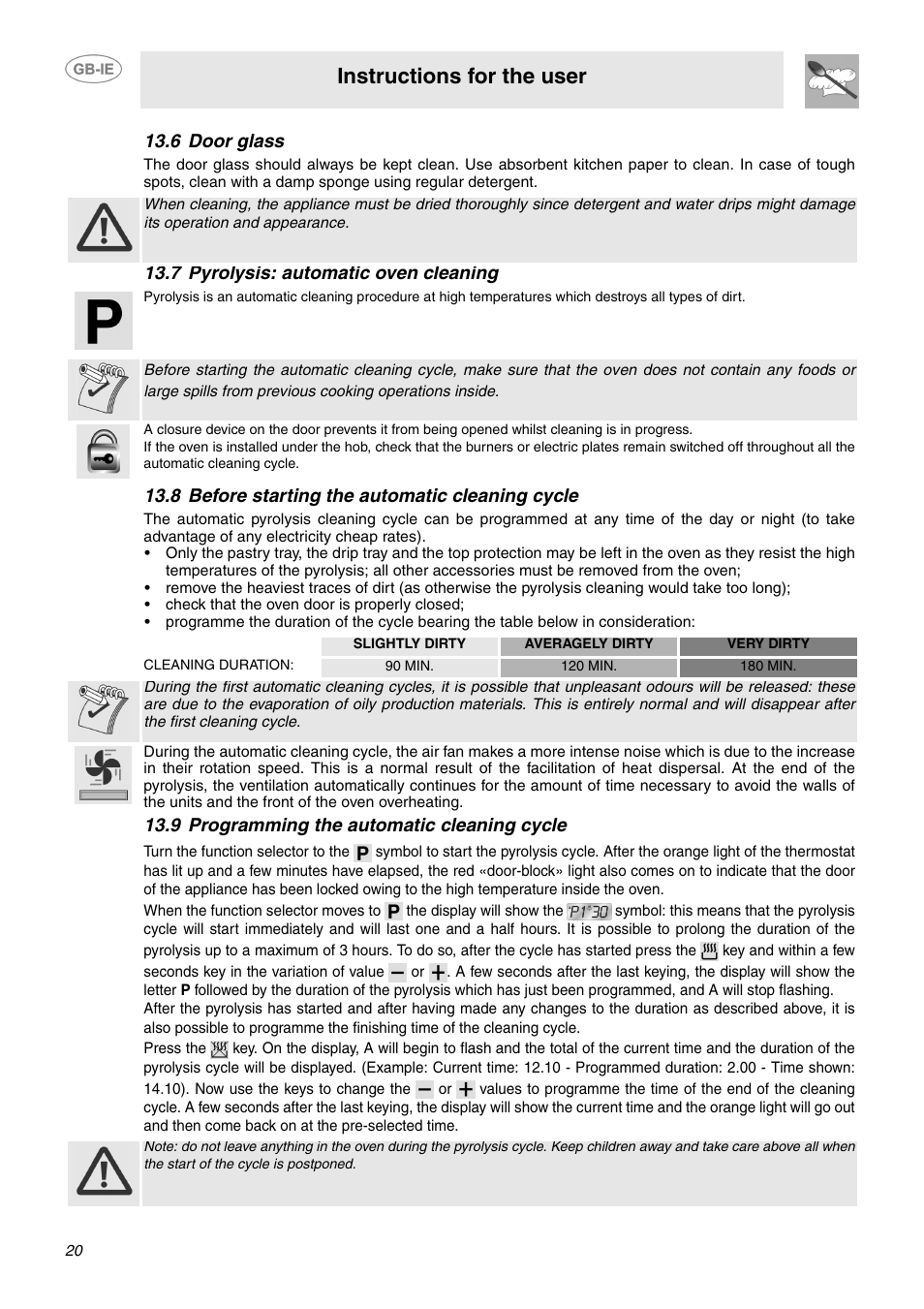 6 door glass, 7 pyrolysis: automatic oven cleaning, 8 before starting the automatic cleaning cycle | 9 programming the automatic cleaning cycle, Instructions for the user | Smeg SUK61IPX5 User Manual | Page 18 / 24