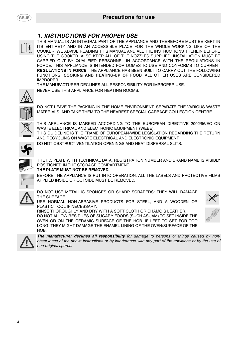 Instructions for proper use, Precautions for use | Smeg SUK61IPX5 User Manual | Page 2 / 24