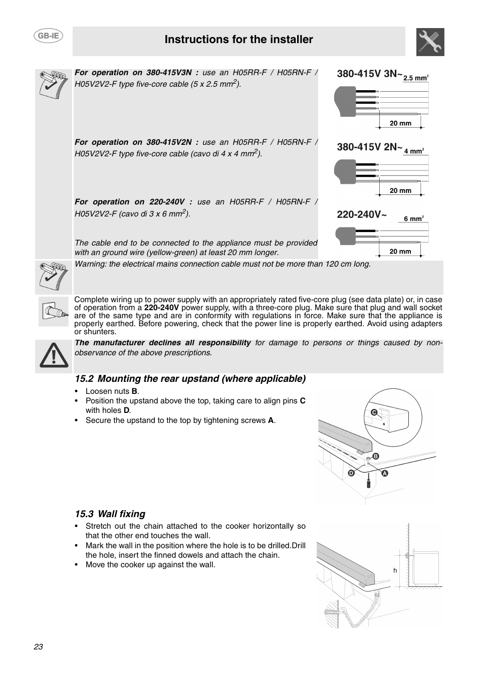 2 mounting the rear upstand (where applicable), 3 wall fixing, Instructions for the installer | Smeg SUK61IPX5 User Manual | Page 21 / 24