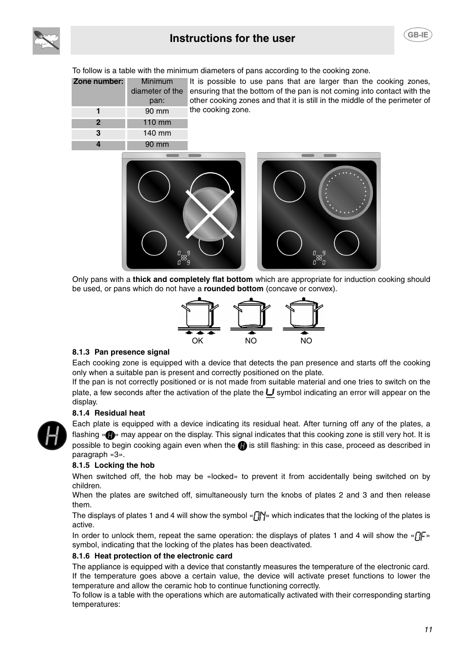 3 pan presence signal, 4 residual heat, 5 locking the hob | 6 heat protection of the electronic card, Instructions for the user | Smeg SUK61IPX5 User Manual | Page 9 / 24