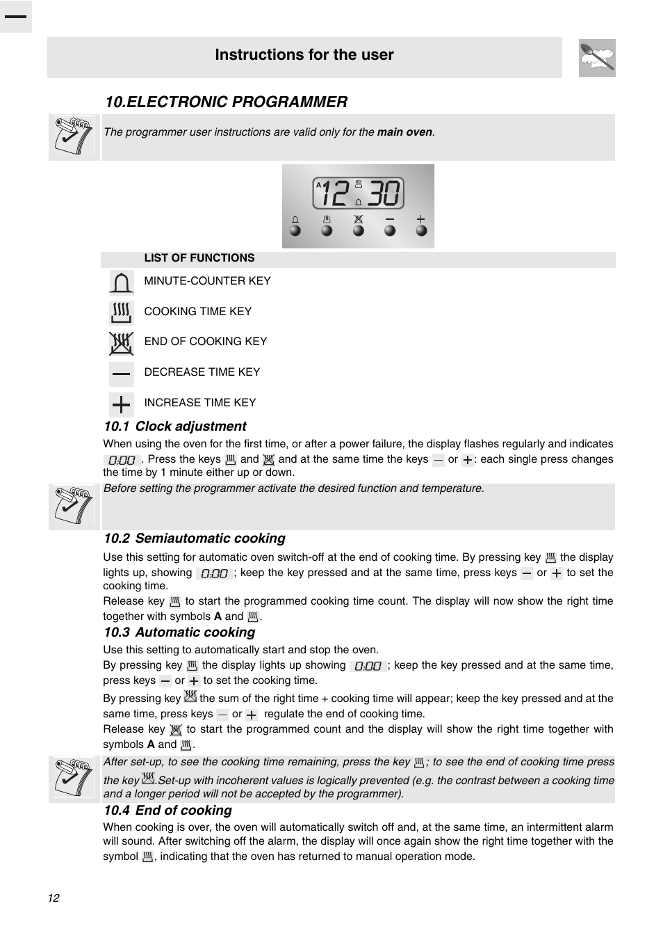 Electronic programmer, 1 clock adjustment, 2 semiautomatic cooking | 3 automatic cooking, 4 end of cooking, Instructions for the user | Smeg SA92MFX5 User Manual | Page 10 / 24
