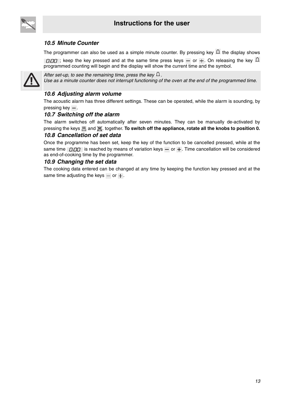 5 minute counter, 6 adjusting alarm volume, 7 switching off the alarm | 8 cancellation of set data, 9 changing the set data, Instructions for the user | Smeg SA92MFX5 User Manual | Page 11 / 24