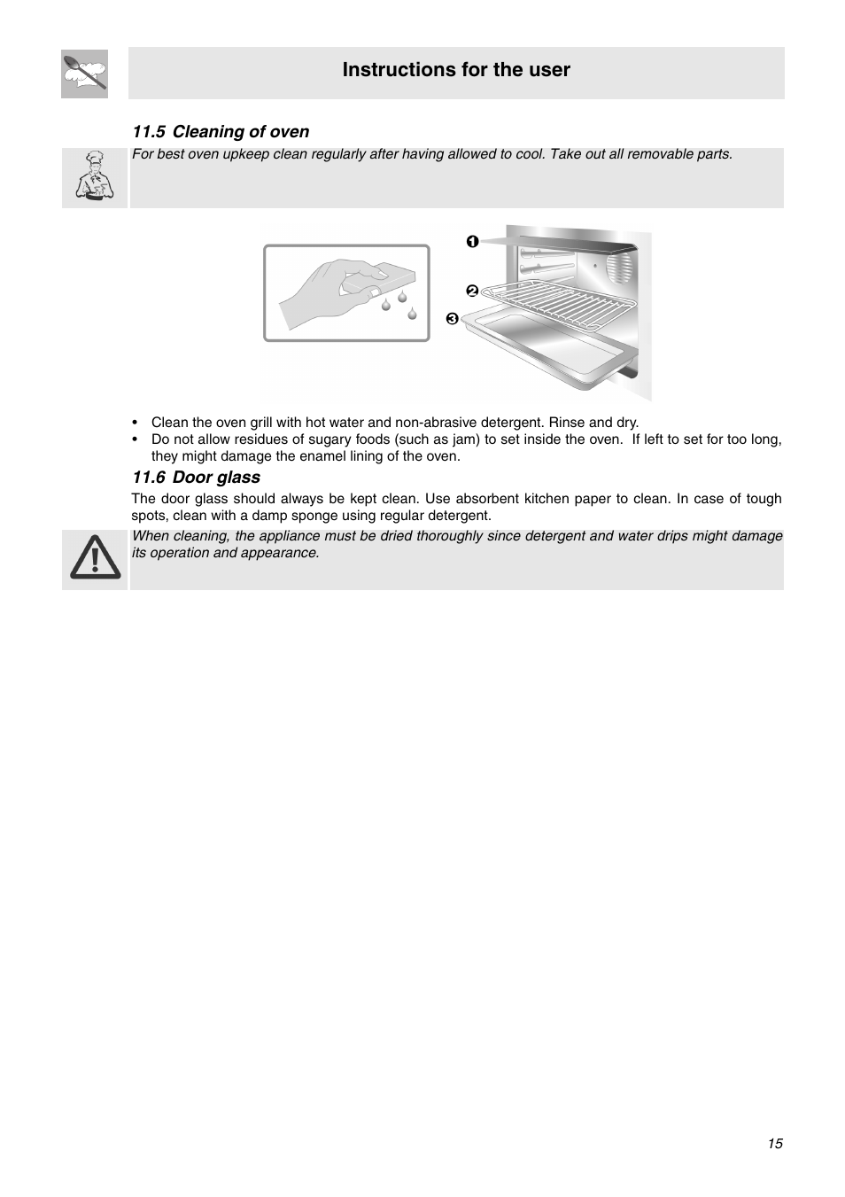 5 cleaning of oven, 6 door glass, 5 cleaning of oven 11.6 door glass | Instructions for the user | Smeg SA92MFX5 User Manual | Page 13 / 24