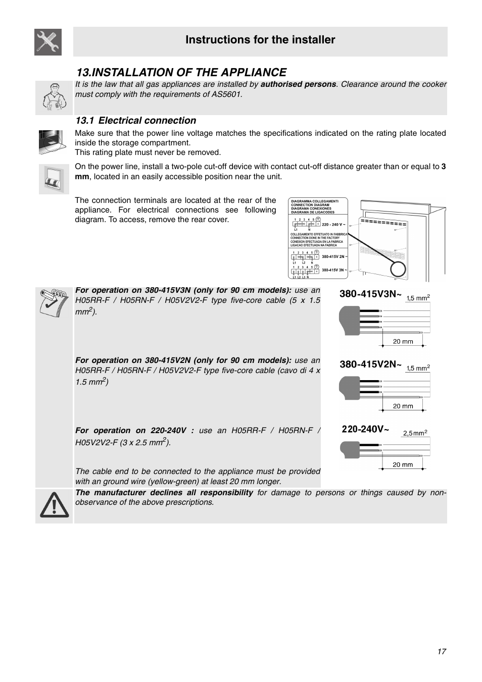 Installation of the appliance, 1 electrical connection, Instructions for the installer | Smeg SA92MFX5 User Manual | Page 15 / 24