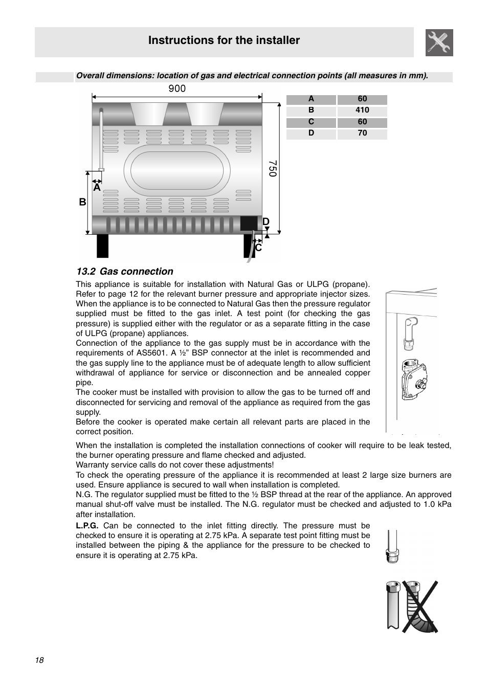 2 gas connection, Instructions for the installer | Smeg SA92MFX5 User Manual | Page 16 / 24