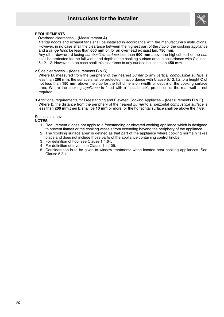 3 for definition of hob, see clause 1.4.64, 4 for definition of trivet, see clause 1.4.109, Instructions for the installer | Smeg SA92MFX5 User Manual | Page 18 / 24