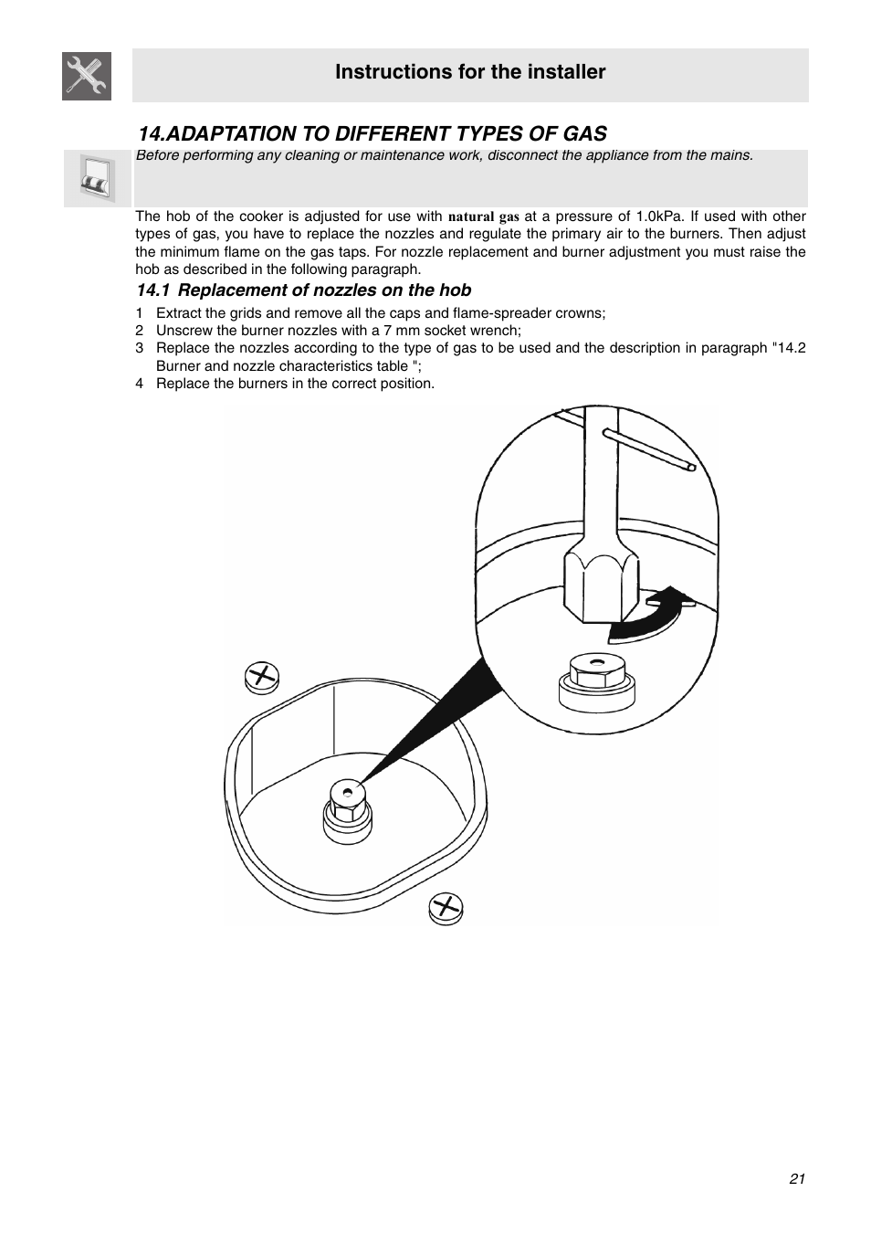 Adaptation to different types of gas, 1 replacement of nozzles on the hob, 4 replace the burners in the correct position | Instructions for the installer | Smeg SA92MFX5 User Manual | Page 19 / 24