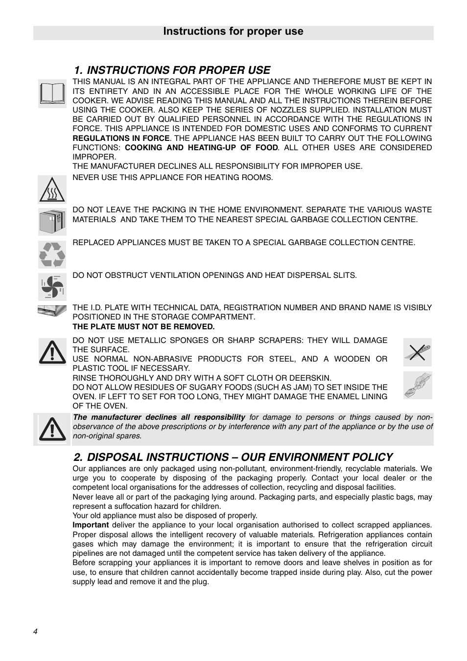 Instructions for proper use, Disposal instructions - our environment policy, Disposal instructions – our environment policy | Smeg SA92MFX5 User Manual | Page 2 / 24
