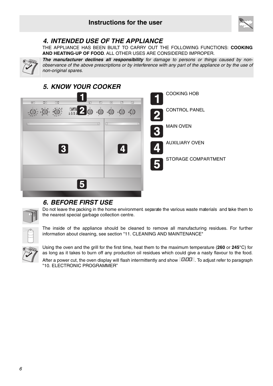 Intended use of the appliance, Know your cooker, Before first use | Instructions for the user | Smeg SA92MFX5 User Manual | Page 4 / 24