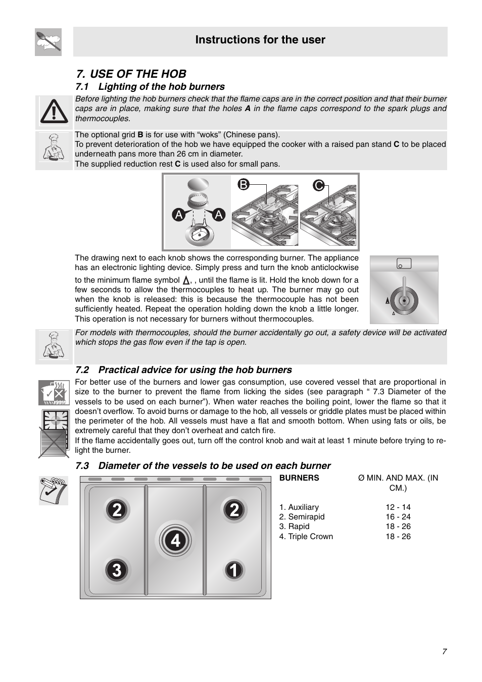 Use of the hob, 1 lighting of the hob burners, 2 practical advice for using the hob burners | Instructions for the user | Smeg SA92MFX5 User Manual | Page 5 / 24