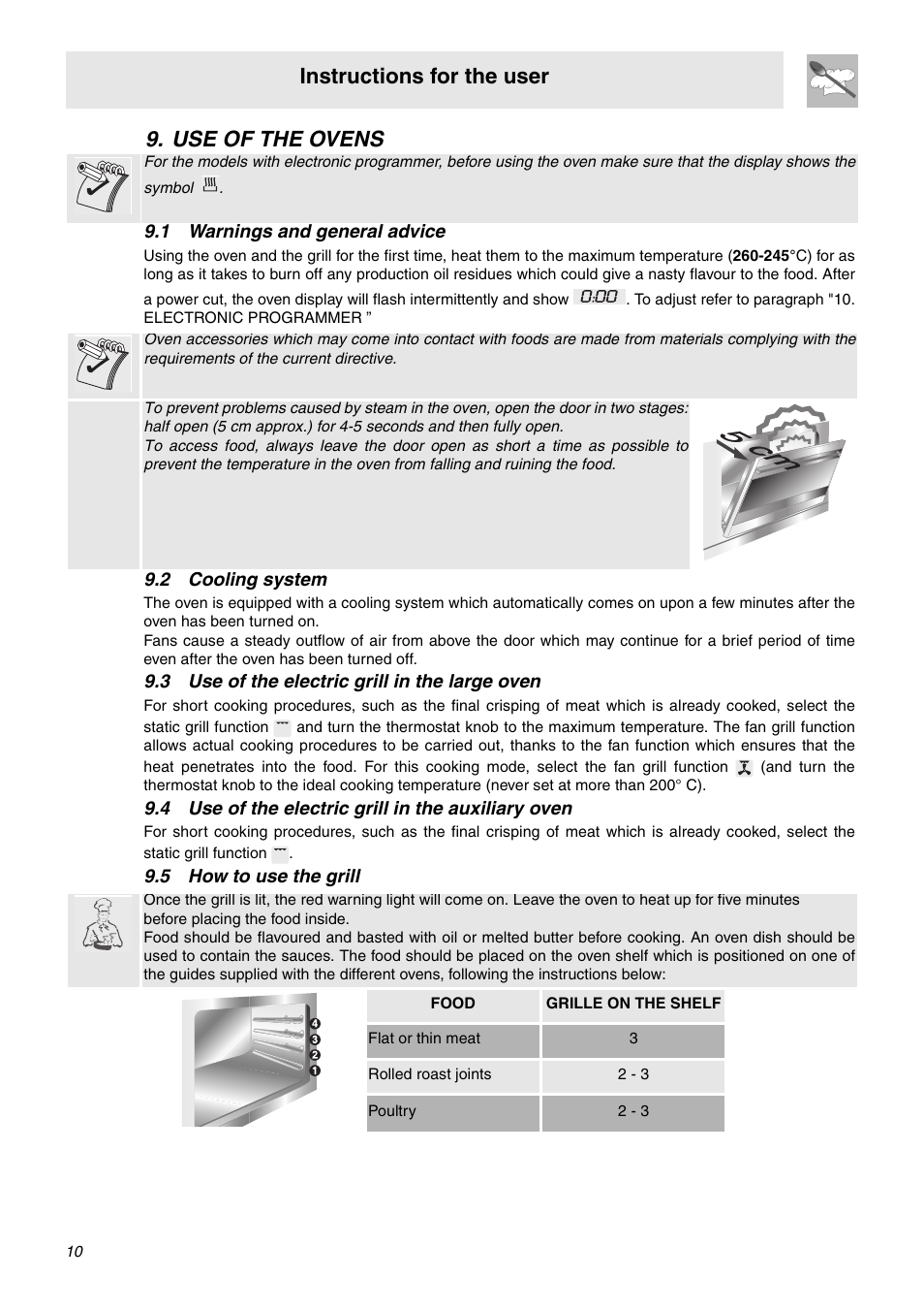 Use of the ovens, 1 warnings and general advice, 2 cooling system | 3 use of the electric grill in the large oven, 4 use of the electric grill in the auxiliary oven, 5 how to use the grill, Instructions for the user | Smeg SA92MFX5 User Manual | Page 8 / 24