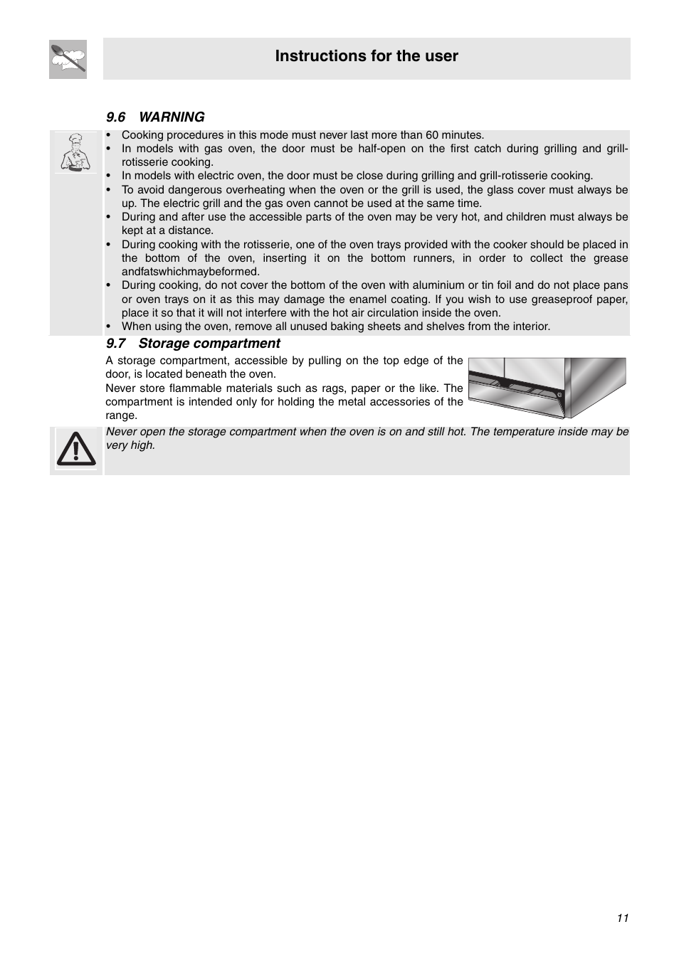 6 warning, 7 storage compartment, 6 warning 9.7 storage compartment | Instructions for the user | Smeg SA92MFX5 User Manual | Page 9 / 24