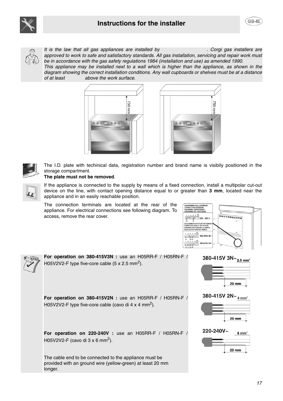 Installation of the appliance, 1 electrical connection, Instructions for the installer | Smeg SUK91CMX5 User Manual | Page 15 / 16
