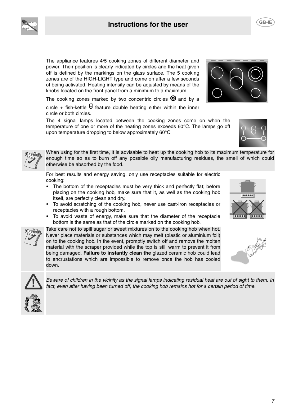 Use of the hob, 1 cooking zone, Instructions for the user | Smeg SUK91CMX5 User Manual | Page 5 / 16