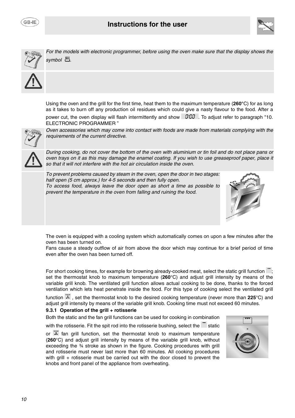 Use of the oven, 1 warnings and general advice, 2 cooling system | 3 use of the electric grill, 1 operation of the grill + rotisserie, Instructions for the user | Smeg SUK91CMX5 User Manual | Page 8 / 16