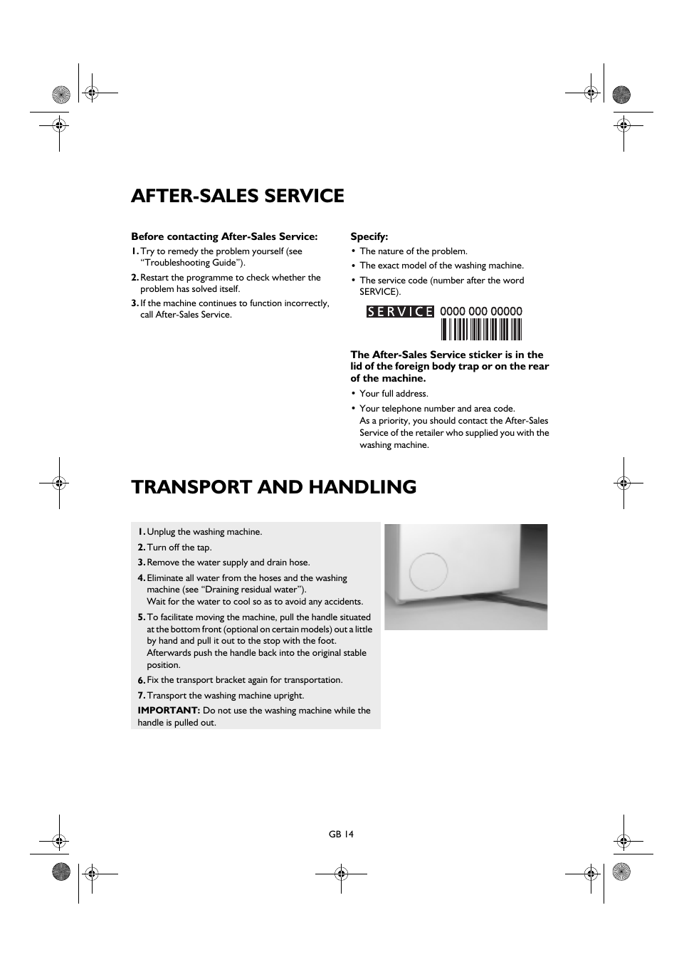 After-sales service, Transport and handling | Smeg K600TL User Manual | Page 14 / 20