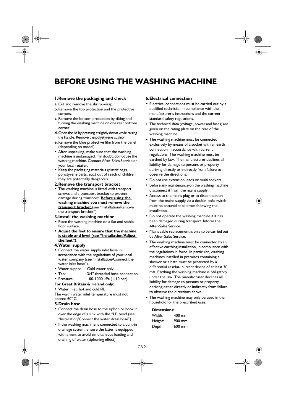Before using the washing machine | Smeg K600TL User Manual | Page 2 / 20