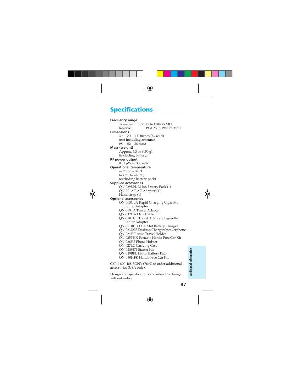 Specifications | Sony CMD-Z100 User Manual | Page 87 / 100