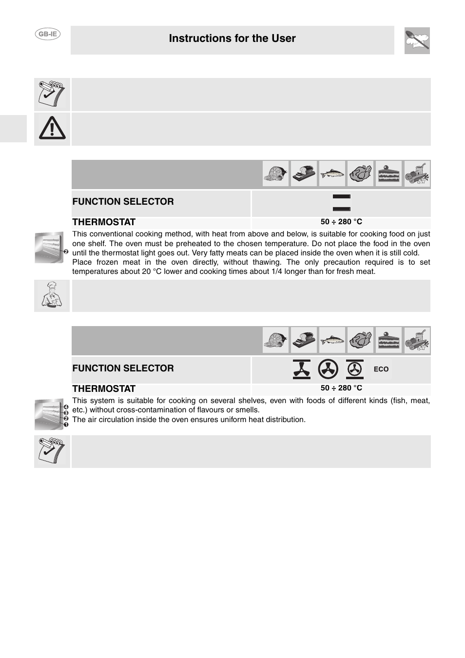 Cooking advice, 1 conventional cooking, 2 hot air cooking | 1 conventional cooking 10.2 hot air cooking, Instructions for the user, Function selector thermostat, Function selector, Thermostat | Smeg FP850APZ User Manual | Page 11 / 23