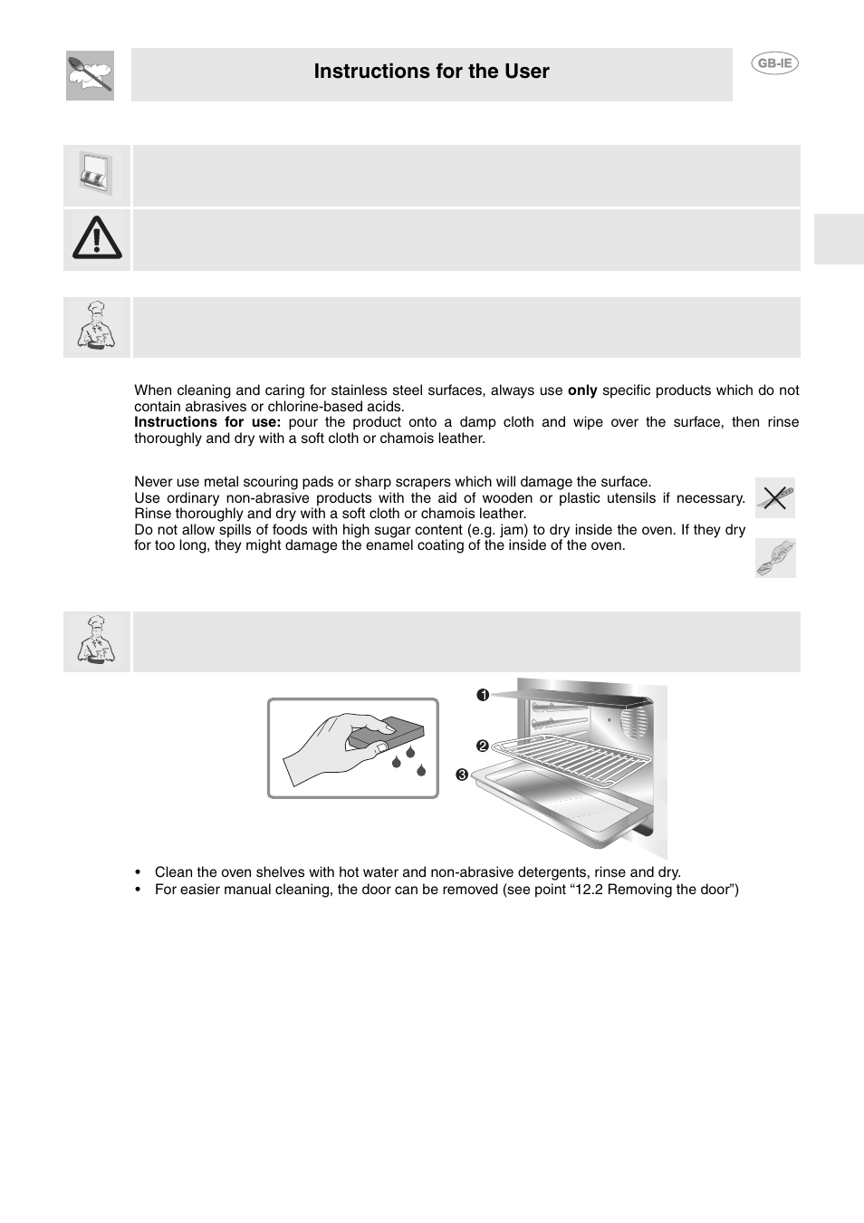 Cleaning and maintenance, 1 cleaning stainless steel, 2 routine daily cleaning | 3 food stains or spills, 4 cleaning the oven, Instructions for the user | Smeg FP850APZ User Manual | Page 16 / 23