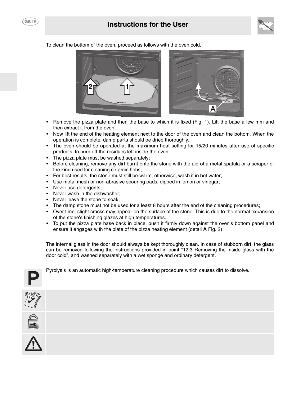 5 cleaning the internal door glazing, 6 pyrolysis: automatic oven cleaning, Instructions for the user | Smeg FP850APZ User Manual | Page 17 / 23