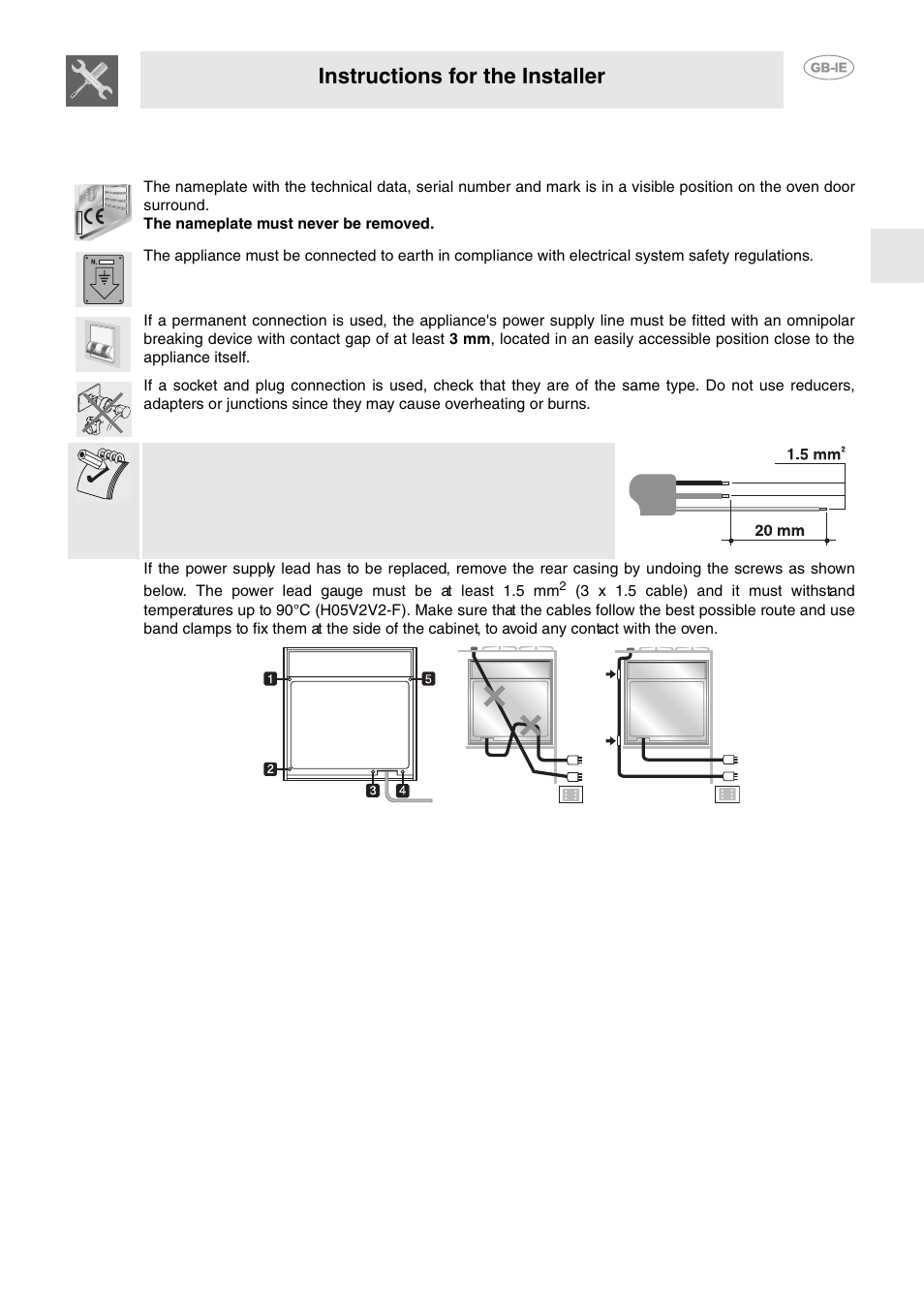Installing the appliance, 1 electrical connection, Instructions for the installer | Smeg FP850APZ User Manual | Page 22 / 23