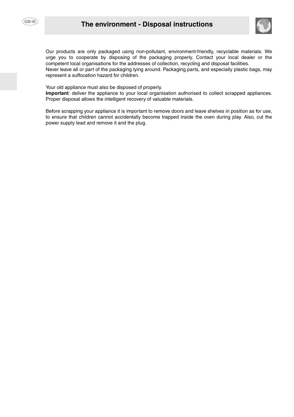 Disposal instructions - our environment policy, The environment - disposal instructions | Smeg FP850APZ User Manual | Page 3 / 23