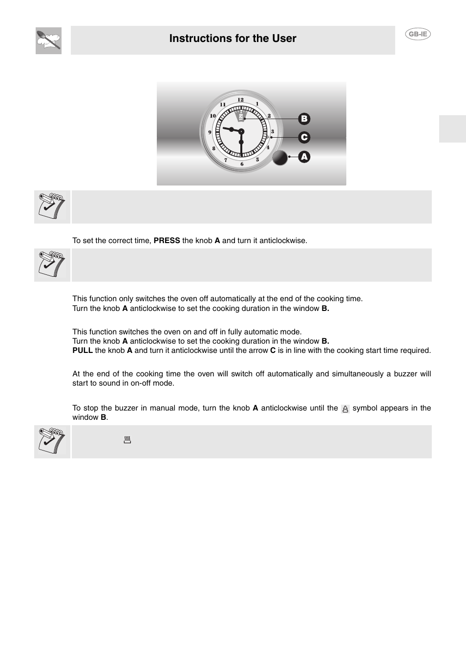 Clock and programmer, 1 setting the time, 2 semiautomatic cooking | 3 automatic cooking, 4 end of cooking, 5 stopping the buzzer, Instructions for the user | Smeg FP850APZ User Manual | Page 8 / 23