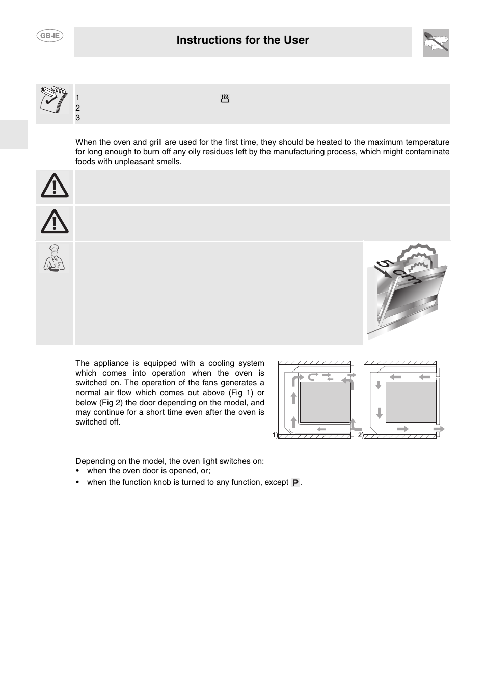 Using the oven, 2 turn the thermostat, 3 turn the function selector knob to any function | 1 precautions and general advice, 2 cooling fan system (on all models), 3 inside light, Instructions for the user | Smeg FP850APZ User Manual | Page 9 / 23