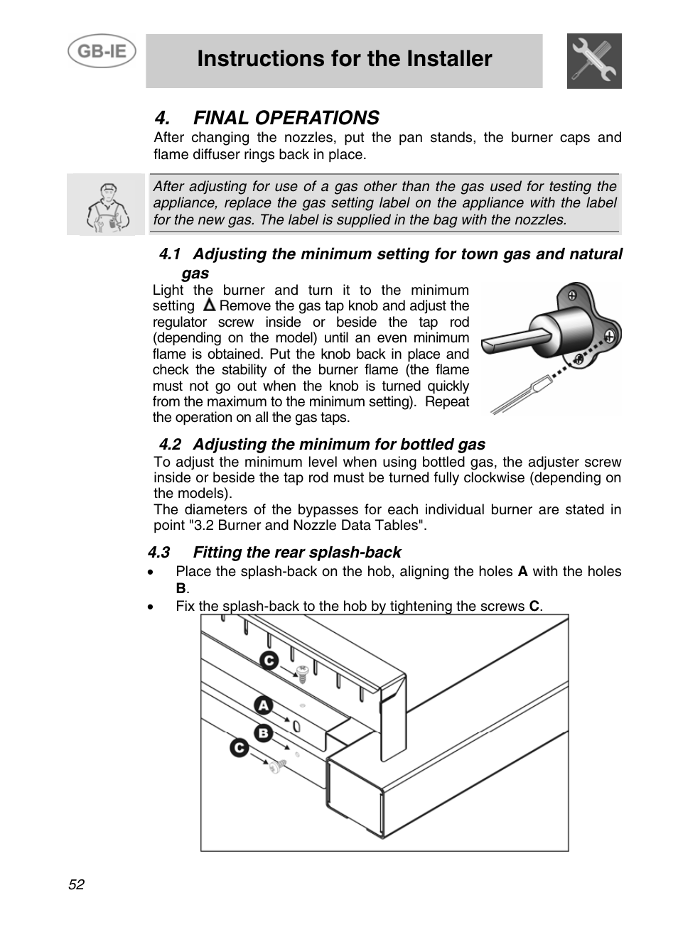 Final operations, 2 adjusting the minimum for bottled gas, Fitting the rear splash-back | Instructions for the installer | Smeg A4-5 User Manual | Page 10 / 38