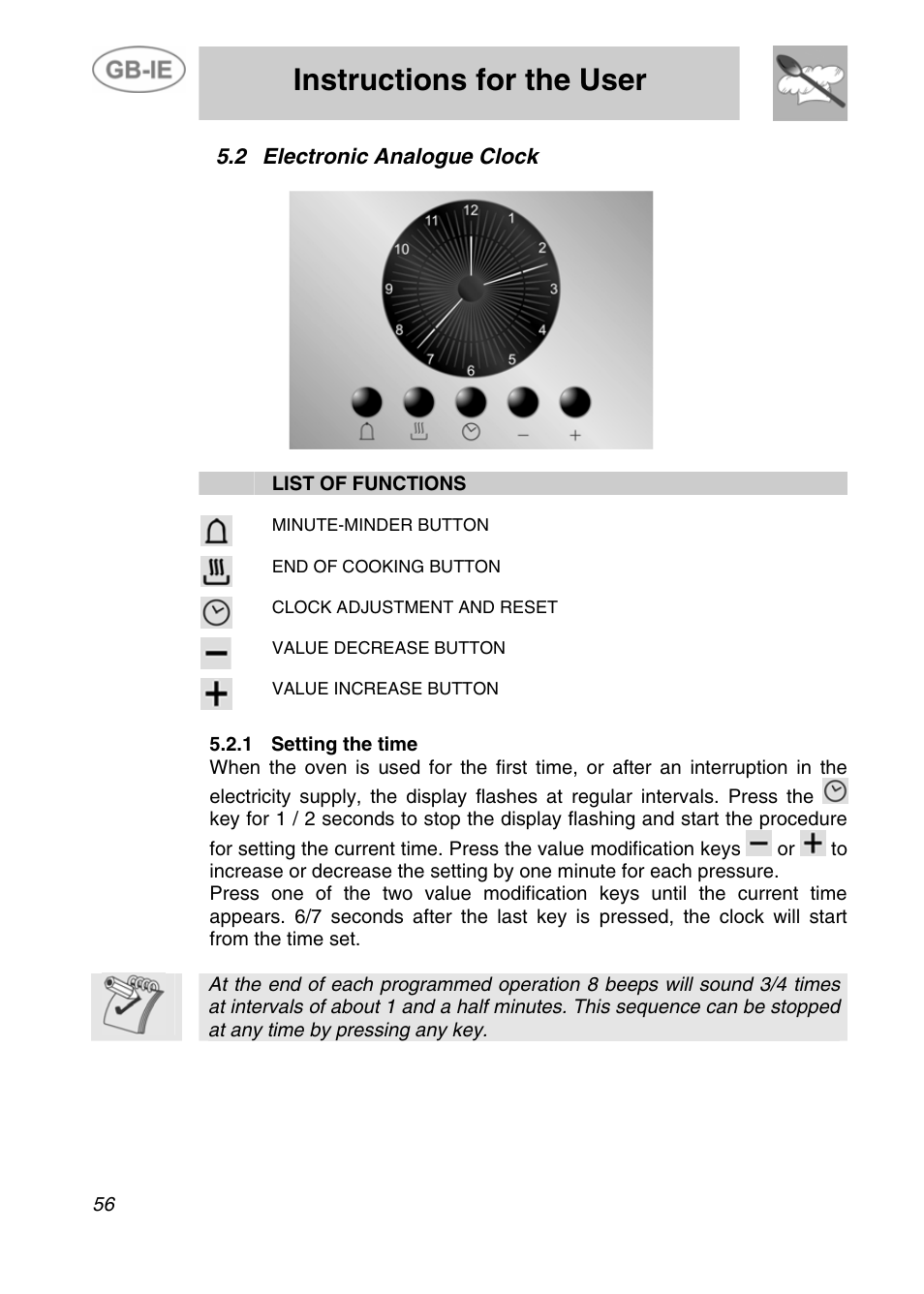 2 electronic analogue clock, 1 setting the time, Instructions for the user | Smeg A4-5 User Manual | Page 14 / 38