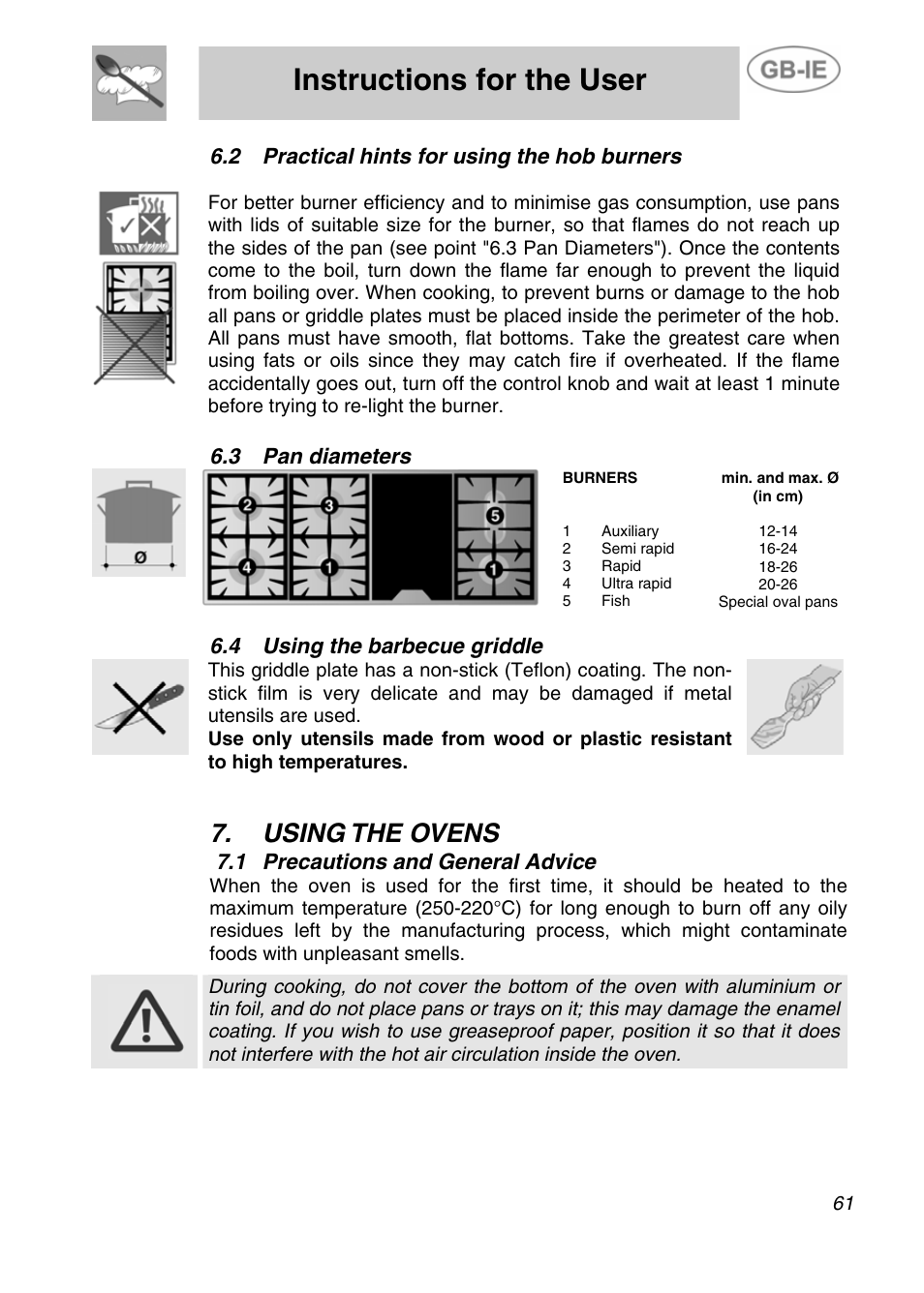 2 practical hints for using the hob burners, 3 pan diameters, 4 using the barbecue griddle | Using the ovens, 1 precautions and general advice, Instructions for the user | Smeg A4-5 User Manual | Page 19 / 38