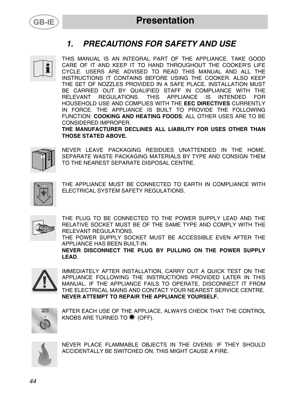Precautions for safety and use, Presentation | Smeg A4-5 User Manual | Page 2 / 38