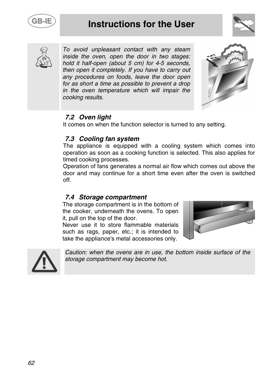 2 oven light, 3 cooling fan system, 4 storage compartment | Instructions for the user, Cooling fan system, Storage compartment | Smeg A4-5 User Manual | Page 20 / 38