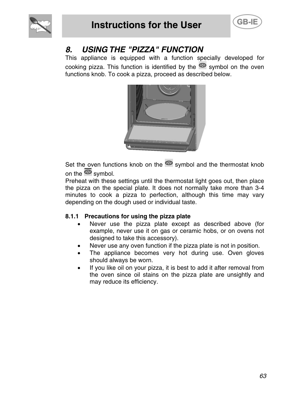 Using the "pizza" function, 1 precautions for using the pizza plate, Instructions for the user | Smeg A4-5 User Manual | Page 21 / 38